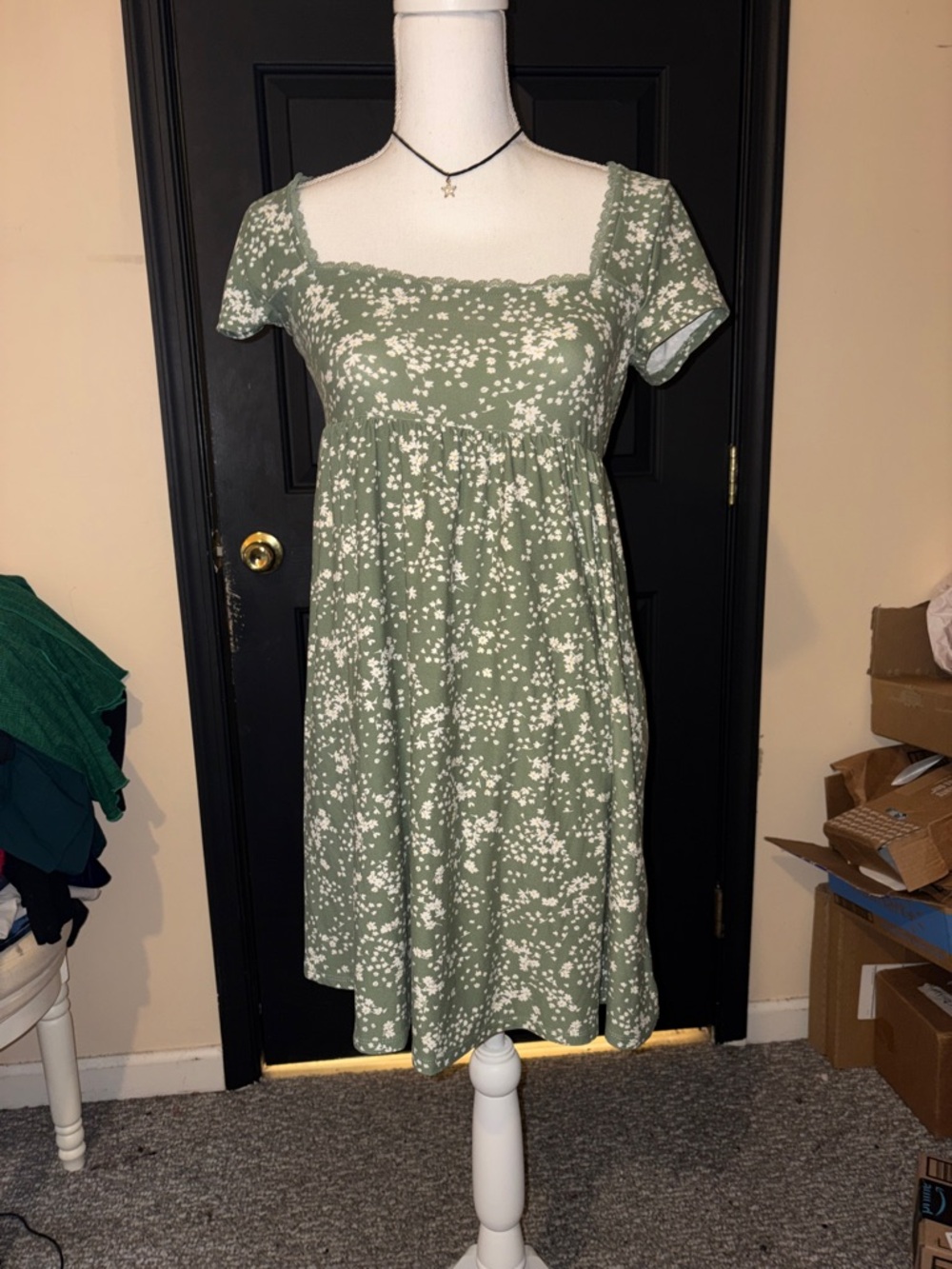 Sage Green Floral Midi Dress with Square Neck